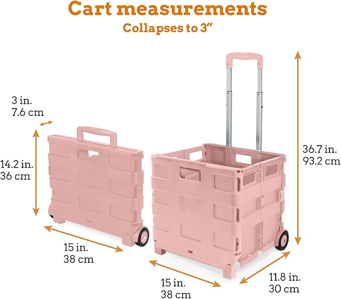Inspired Living Ultra-Slim Rolling Collapsible Storage Pack-N-Roll Utility-carts, with Telescopic Handle, for Home, Garden, Shopping, Office, School use, Medium, Raspberry Pink