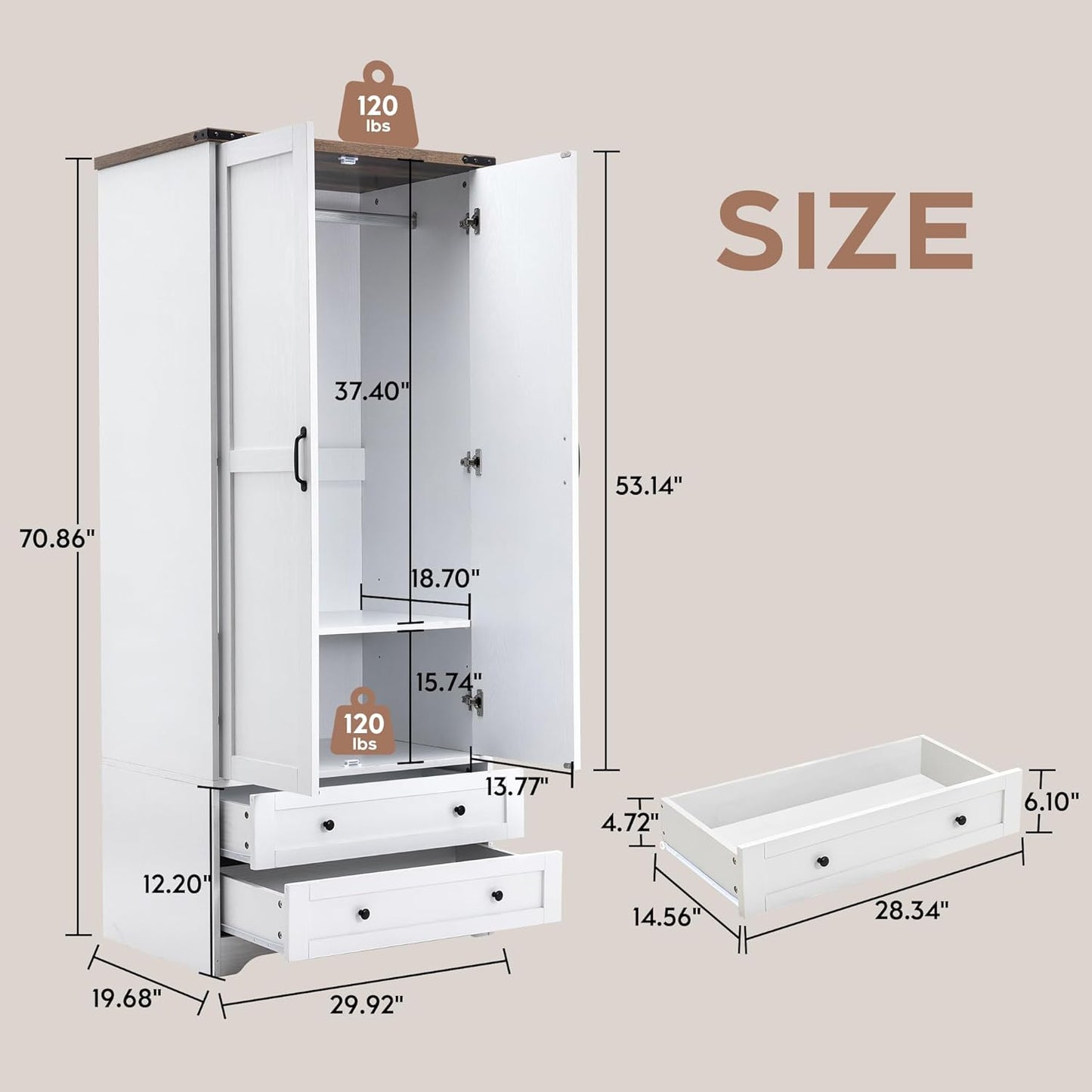 Brafab Armoire Wardrobe Closet with 2 Modern Doors, 71" Tall Freestanding Closet Wardrobe Cabinet with Drawers and Hanging Rail, Light Wooden Storage Cabinet with Shelve for Bedroom (White, 2 Doors)