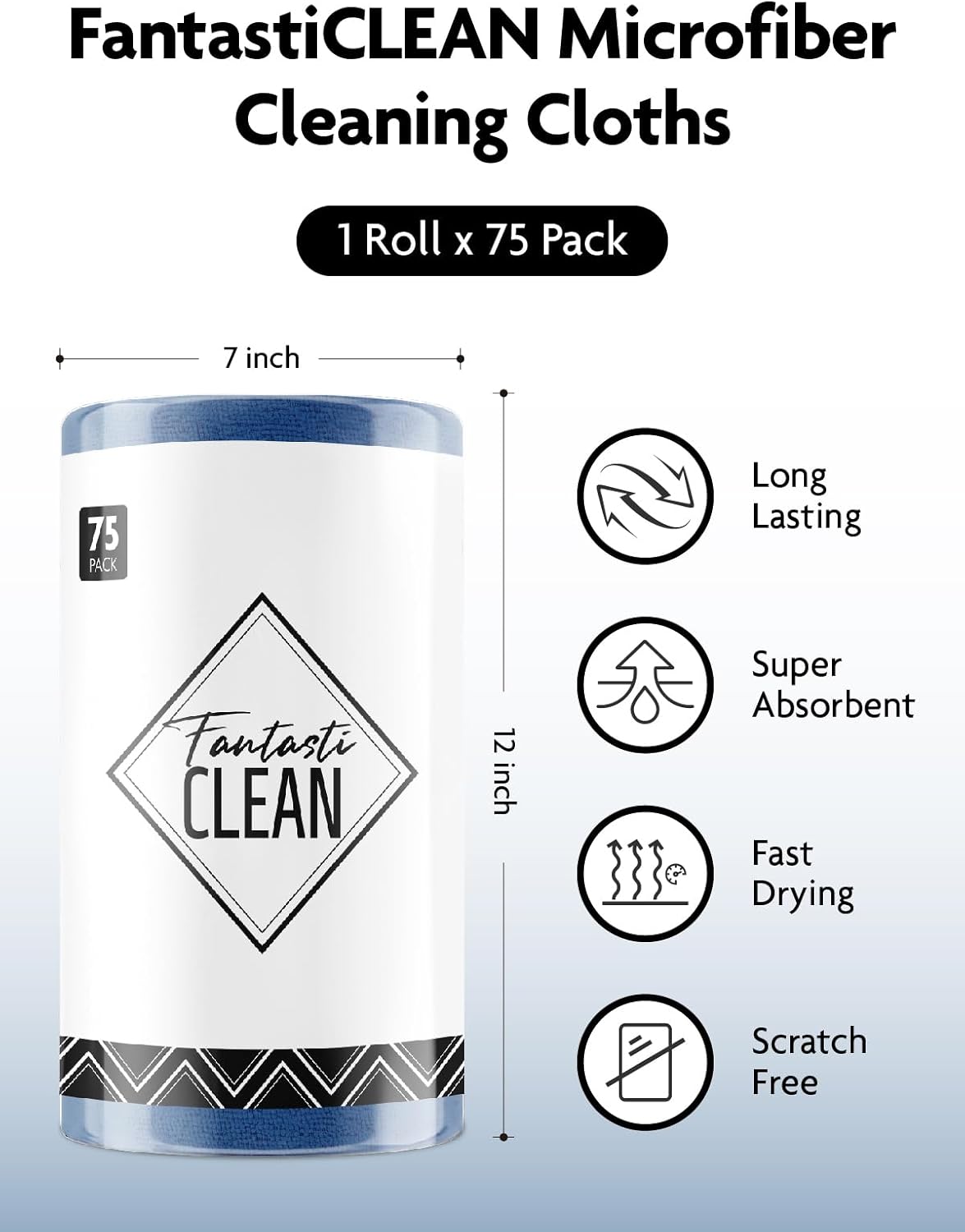 Fantasticlean Microfiber Cleaning Cloth Roll -75 Pack, Tear Away Microfiber Towels, 12" x 12", Reusable, Washable, Scratch Free, Ultra Absorbent Dish Rags for Car, Home, Garage or Shop (Navy Blue)
