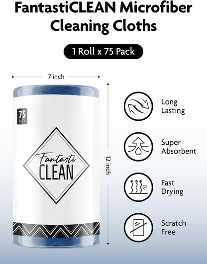 Fantasticlean Microfiber Cleaning Cloth Roll -75 Pack, Tear Away Microfiber Towels, 12" x 12", Reusable, Washable, Scratch Free, Ultra Absorbent Dish Rags for Car, Home, Garage or Shop (Navy Blue)