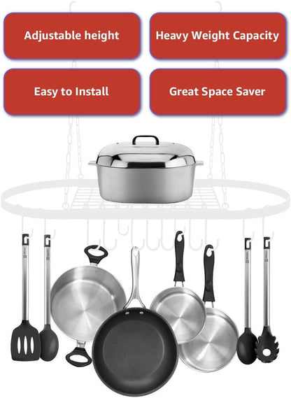 Sorbus® Pot and Pan Rack for Ceiling with Hooks — Decorative Oval Mounted Storage Rack — Multi-Purpose Organizer for Home, Restaurant, Kitchen Cookware, Utensils, Books, Household (Hanging Chrome)