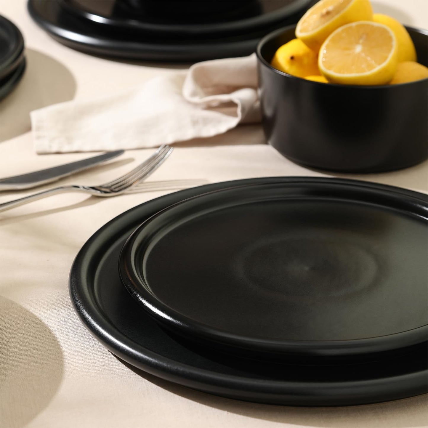 Stone Lain Eden 12-Piece Dinnerware Set Stoneware, Plates and Bowls Set, Dishwasher and Microwave Safe Dish, Dish Set for 4, Black