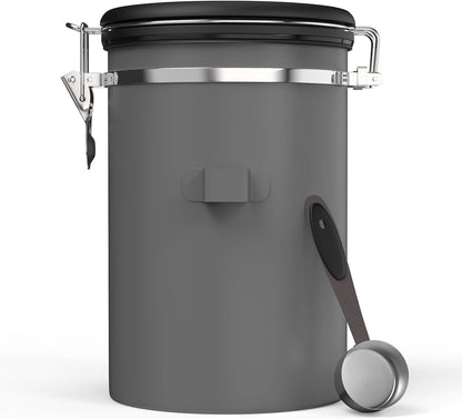 HAIOOU Large Coffee Canister, 38OZ Oversized Stainless Steel Coffee Bean Storage Container with Date Tracker, Measuring Scoop, CO2 Releasing Valves for Beans, Grounds and more - Gray