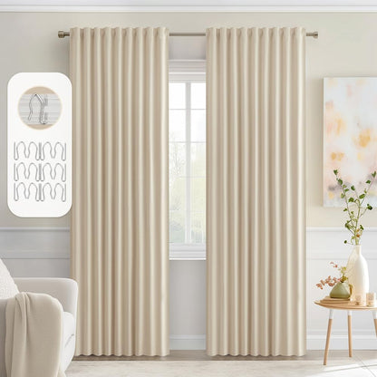 MIULEE Back Tab Cream Beige Curtains 90 Inch Long 2 Panels Set for Living Room Bedroom, Ivory Rod Pocket/Pinch Pleated Light Blocking Thermal Insulated Room Darkening Blackout Curtains, 52 x 90 Inch