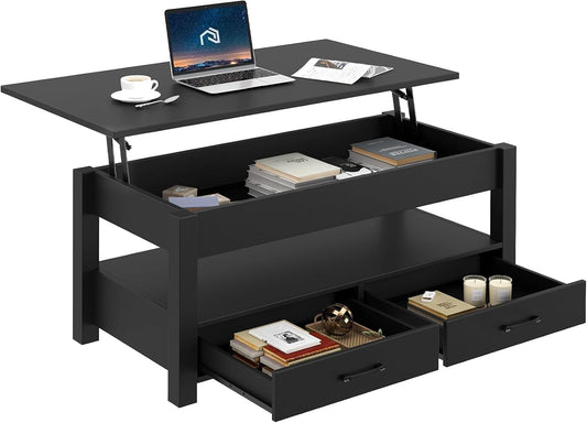 Rolanstar Coffee Table, 47.2" Lift Top Coffee Table with Drawers and Hidden Compartment, Retro Central Table with Wooden Lift Tabletop, for Living Room,Black