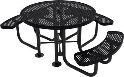Heavy-Duty Portable Outdoor Picnic Table with Umbrella Hole, Punched Steel Patio Dining Furniture Made in America (46" Round Top, Black)