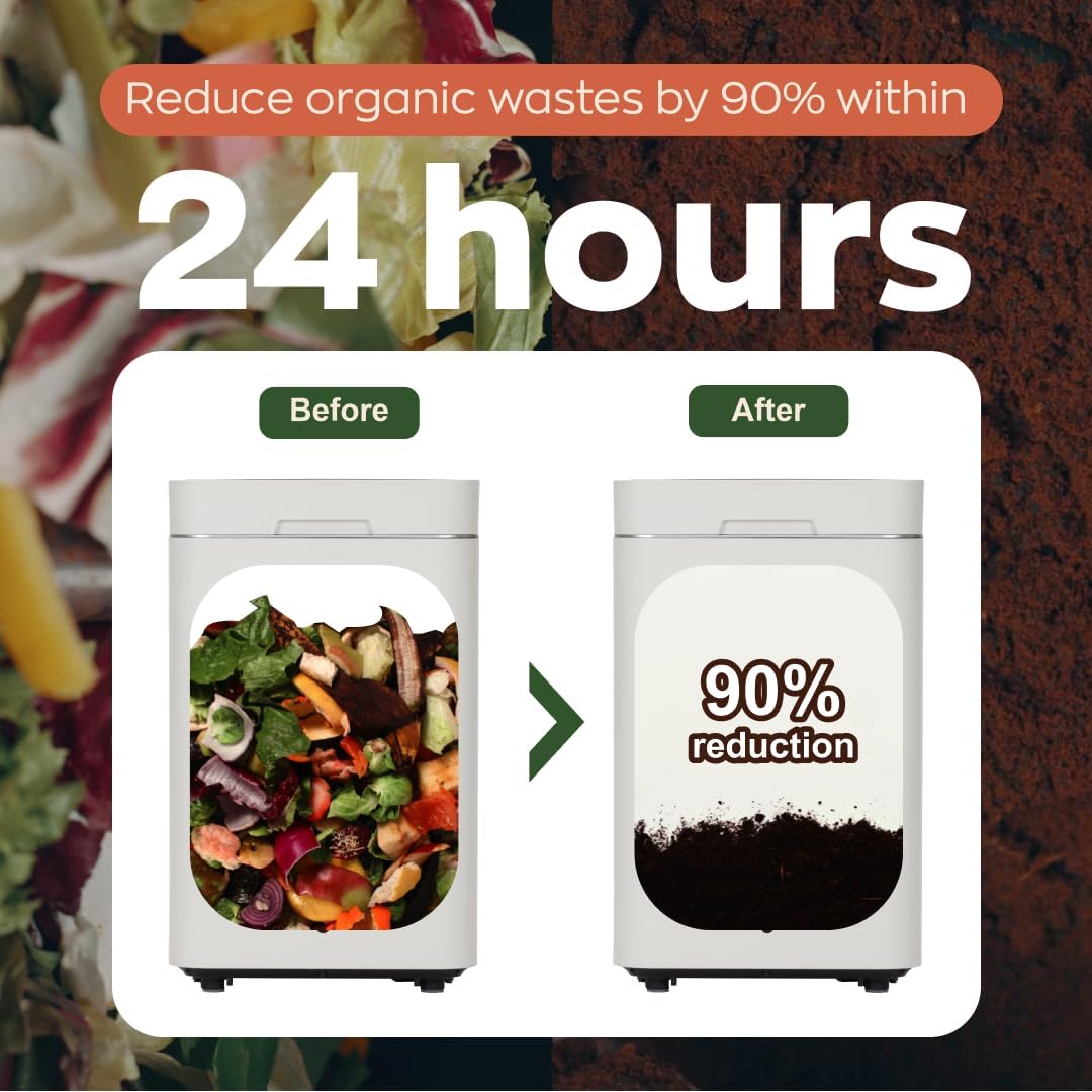 Reencle Gravity Electric Composter - 22L Kitchen Composter– Decomposes 3.3 lbs Daily, Odorless & Quiet Indoor Composting, Rapid Decomposition with All-New Compost Starter 2.0 + Booster Pack (Silver)