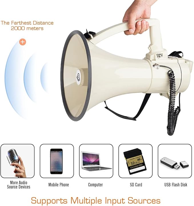 Heavy Duty 75W Professional Megaphone Bullhorn Speaker with Built-in Microphone-Rechargeable Battery&Portable Strap-Siren -USB/SD/AUX Input-Ideal for Football, Baseball,Coaches
