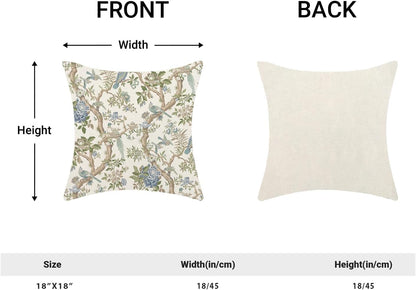 CXMEIFLY Chinoiserie Spring Pillow Covers 18 x 18 Inch Set of 2 for Blue Sage Green Vintage Flowers Bird Decor Throw Pillows Plant Farmhouse Outdoor Decorative Cushion Cases for Couch Bed Decorations