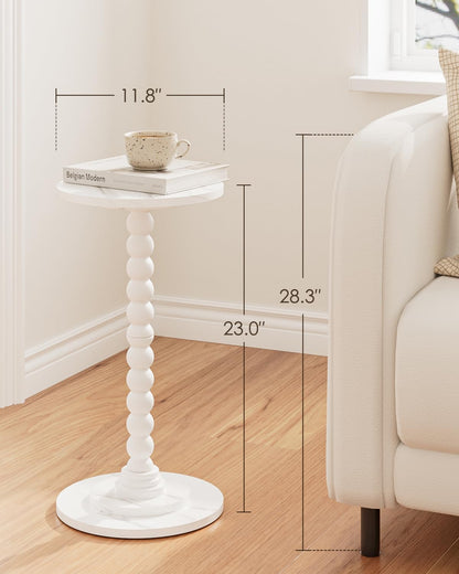 Masupu Round Side Table, Small Drink Table for Small Spaces, Pedestal End Table with Solid Wood Leg for Living Room, Bedroom, Corners(Marble White)