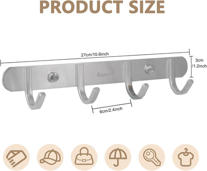 Coat Hook Rack Brushed Nickel 10.6-Inch Coat&Towel Hook Rail Wall Mounted with 4 Hooks, Durable Wall Hangers for Bedroom, Bathroom, Foyer, Hallway (SUS304 Stainless Steel)