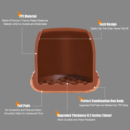 Ezprotekt 24 Pcs Square Chair Leg Floor Protectors with Felt, Silicone Felt Furniture Pads Cups for Hardwood Floor, Dining Table Leg Caps Covers No Scratches (L Fit: 1" to 1.4", Brown)