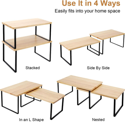 Bamber Large Cabinet Shelf Organizers Solid Wood Spice Rack Organizer for Cabinet Kitchen Countertop Storage, 16.5x10 Inches, Set of 2