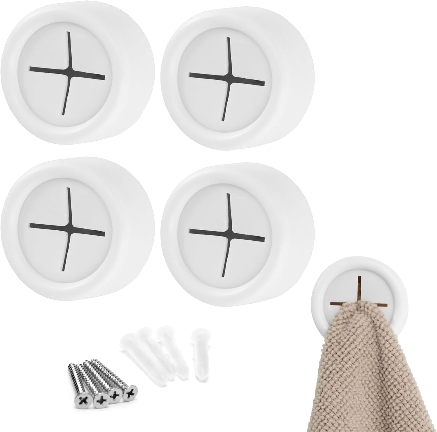 S&T INC. Round Adhesive Push Towel Hooks for Kitchen, Hand and Dish Towels, Matte White, 4 Pack