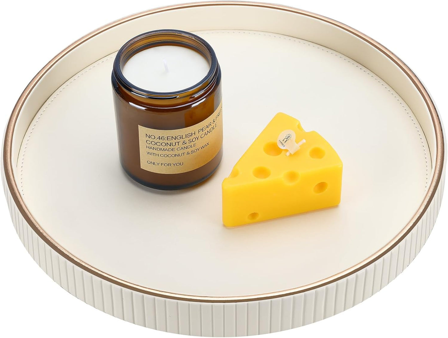 KINGFOM Decorative Serving Tray, PU Leather Valet Nightstand Desk Organizer for Men Women, Round Tray Decor for Coffee Table/Home Decor, Modern Decorative, Centerpiece (Ivory White)