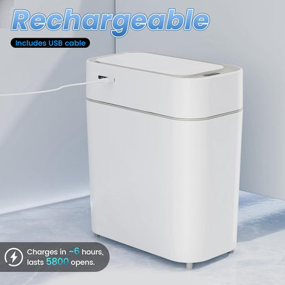 Bathroom Trash Can with Lid: 2.3 Gal Small Slim Motion Sensor Wastebasket, Bag Expansion, Wall Mounted, Automatic, Touchless, Narrow Design for Bathroom, Kitchen and Office, Waterproof