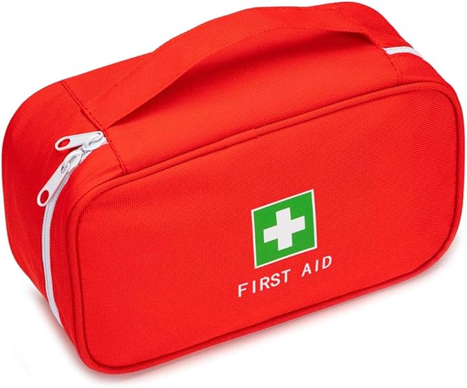 Red First Aid Bag Empty Travel Rescue Pouch First Responder Storage Medicine Emergency Bag for Car Home Office Kitchen Sport Outdoors (Red with Handle Green Print)
