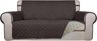 PureFit Reversible Quilted Sofa Cover, Water Resistant Slipcover Furniture Protector, Washable Couch Cover with Non Slip and Elastic Straps for Kids, Dogs, Pets (Oversized Loveseat, Chocolate/Beige)