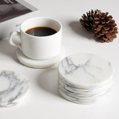 BCS Marble Coasters Set of 6 with Holder - Premium White Stone Drink Coasters, Durable Cup Mats for Coffee, Beer, Wine - Non-Slip Modern Table Decor for Home, Office, Dining