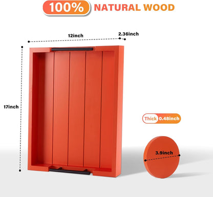 Ottoman With Handle for Living Room - Set of 4 Natural Wooden Coasters - Rustic Serving Tray for Coffee Table - Kitchen Decorative Tray With Handles (Orange)