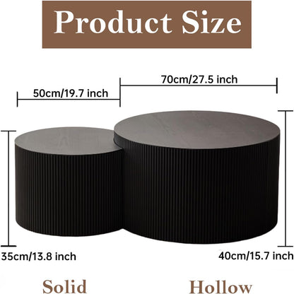 Round Nesting Coffee Table Black Round Fluted Coffee Table Set of 2 for Living Room Small Circle Drum Coffee Tables Crescent End Table (Black B 27in)