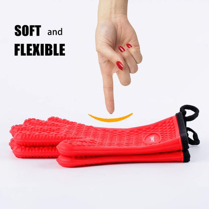 Kitchen Oven Gloves - Dual-Layer Heat Resistant Grilling Gloves, Silicone Oven Mitts with 5 Fingers, Waterproof Non-Slip Pot Holder for Barbecue, Cooking, Baking (XL-XXXL, Red)