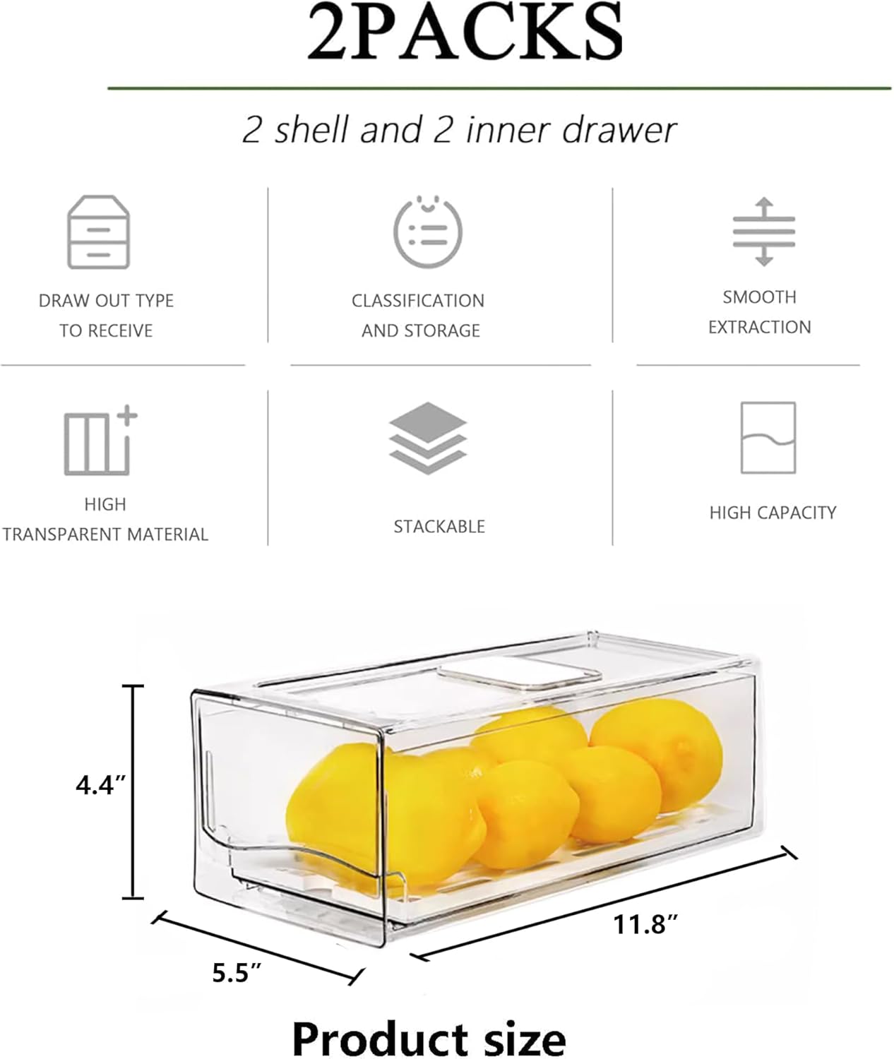 2 Pack Fruit Storage Containers for Fridge with Drain Board, Stackable Refrigerator Organizers and Storage,Reusable Food Storage Containers,Fridge Organizer Drawer for Produce,Fruit,Vegetable,BPA-Free