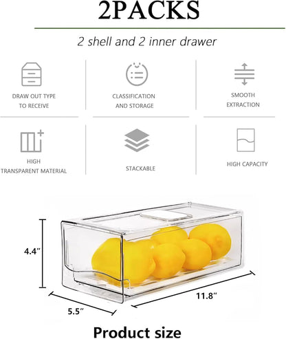 2 Pack Fruit Storage Containers for Fridge with Drain Board, Stackable Refrigerator Organizers and Storage,Reusable Food Storage Containers,Fridge Organizer Drawer for Produce,Fruit,Vegetable,BPA-Free