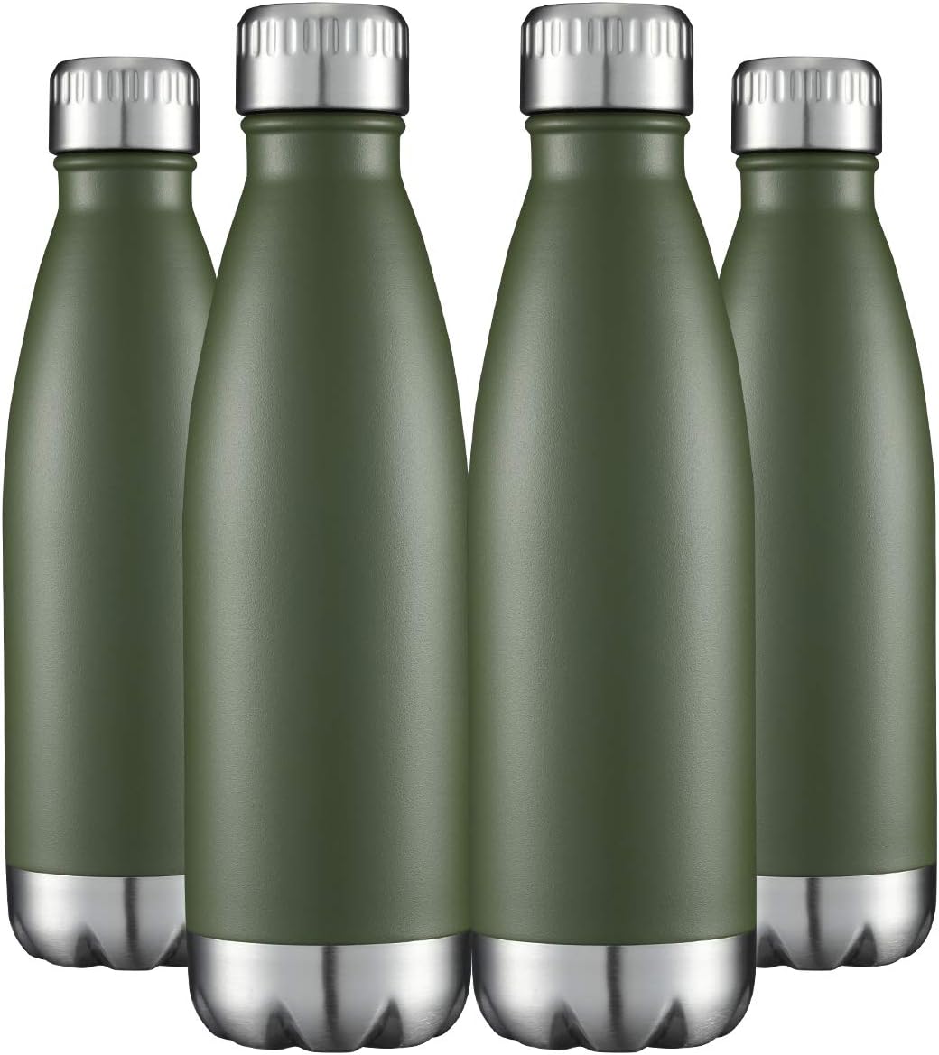HASLE OUTFITTERS 17oz Stainless Steel Water Bottles Bulk, Vacuum Insulated Water Bottles Double Walled Powder Coated Reusable Metal Sports Water Bottles Keep Drinks Hot and Cold, ArmyGreen, 4Packs