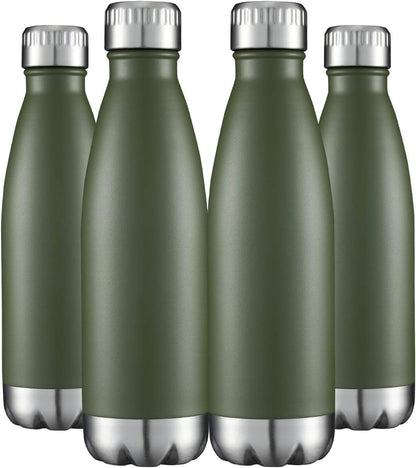 HASLE OUTFITTERS 17oz Stainless Steel Water Bottles Bulk, Vacuum Insulated Water Bottles Double Walled Powder Coated Reusable Metal Sports Water Bottles Keep Drinks Hot and Cold, ArmyGreen, 4Packs