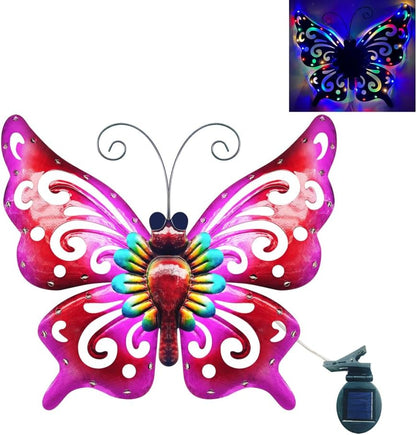 Solar Garden Light, Metal Butterfly Wall Art, 19" Large Hanging Decor for Garden Patio Fences Porch Yard Art Outdoor Wall Decor, Weatherproof Decorative Lighting, Housewarming Wedding Birthday Gift