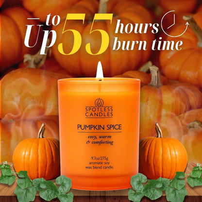 Pumpkin Spice Candle - 9.7 oz /275g Pumpkin Candle in Orange Frosted Glass Jar with Wooden Lid and Wooden Crackling Wick in Luxurious Gift Box - Cosy, Warm and Comforting