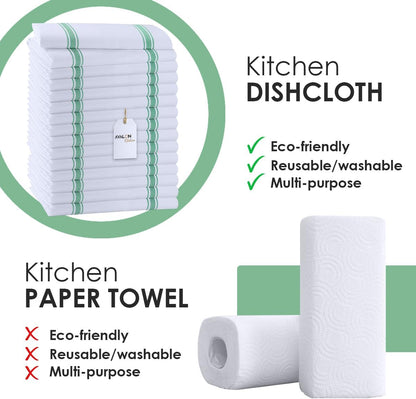 Dish Towels Set (Value Pack of 15) Size 15x25 Inch, 100% Cotton Soft & Absorbent Linen Kitchen Towels, Tea Towels, Reusable Cleaning Cloths for Household Cleaning (Green)