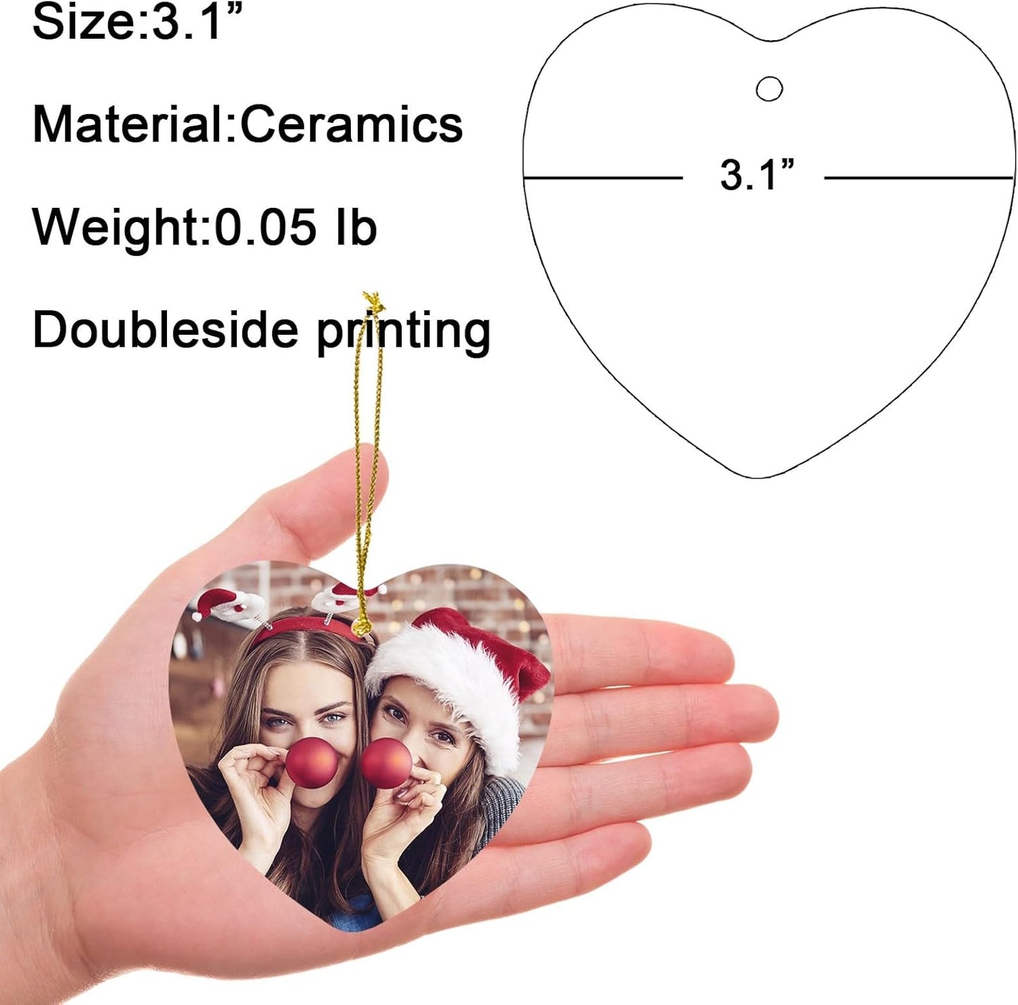 Personalized Christmas Ornaments 2025 w/Picture,Double-Sided Ceramics Custom Christmas Ornament - Upload Any Photo,Optional Text - Picture Ornaments,Customized Xmas Ornament,Heart