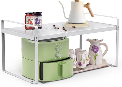 11'' Wide Expandable Cabinet Shelf Organizer Rack Adjustable Length 14''-26'' Pantry Shelf Spice Rack Heavy Duty Nonslip Kitchen Counter Storage Shelves Pantry Cupboard Under Sink Countertop White