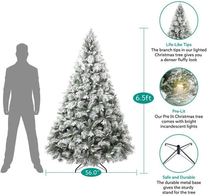 Naomi Home 6.5ft Snow Flocked Christmas Tree with Lights,Realistic Frosted Pine Prelit with Pine Cones, Foot Pedal 1040 Branch Tips, 650 Warm Lights & Metal Stand, Pre Lit Xmas Tree