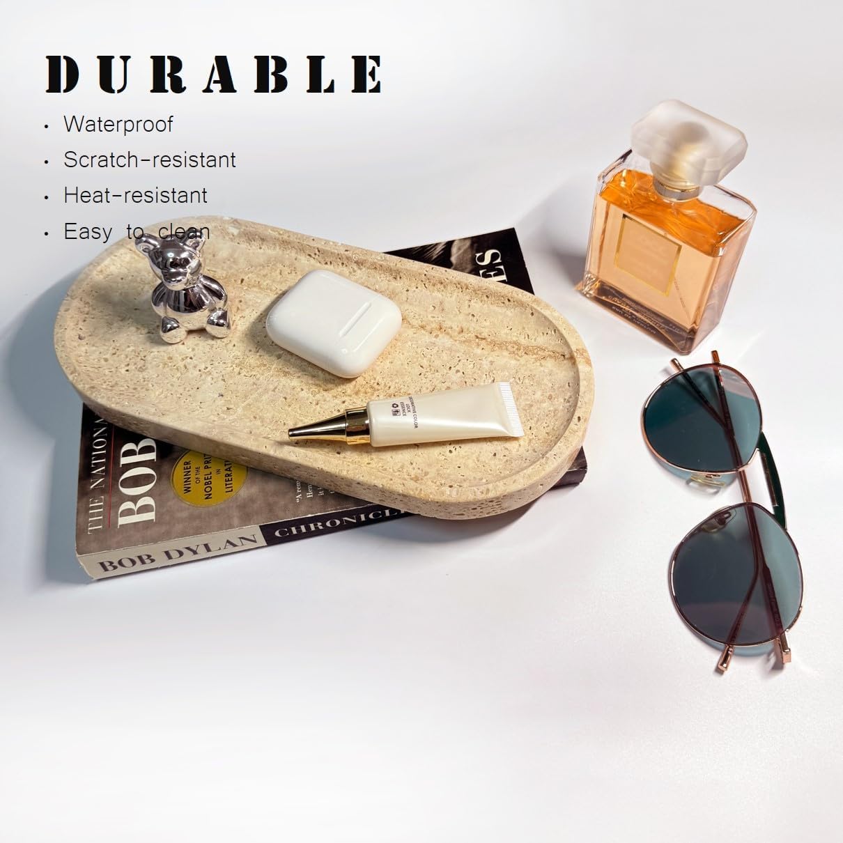 JINGJU Turkish Travertine Oval Tray 10x5 Inches, Natural Stone Decorative Tray for Jewelry, Candle, Bathroom Counter, Coffee Table