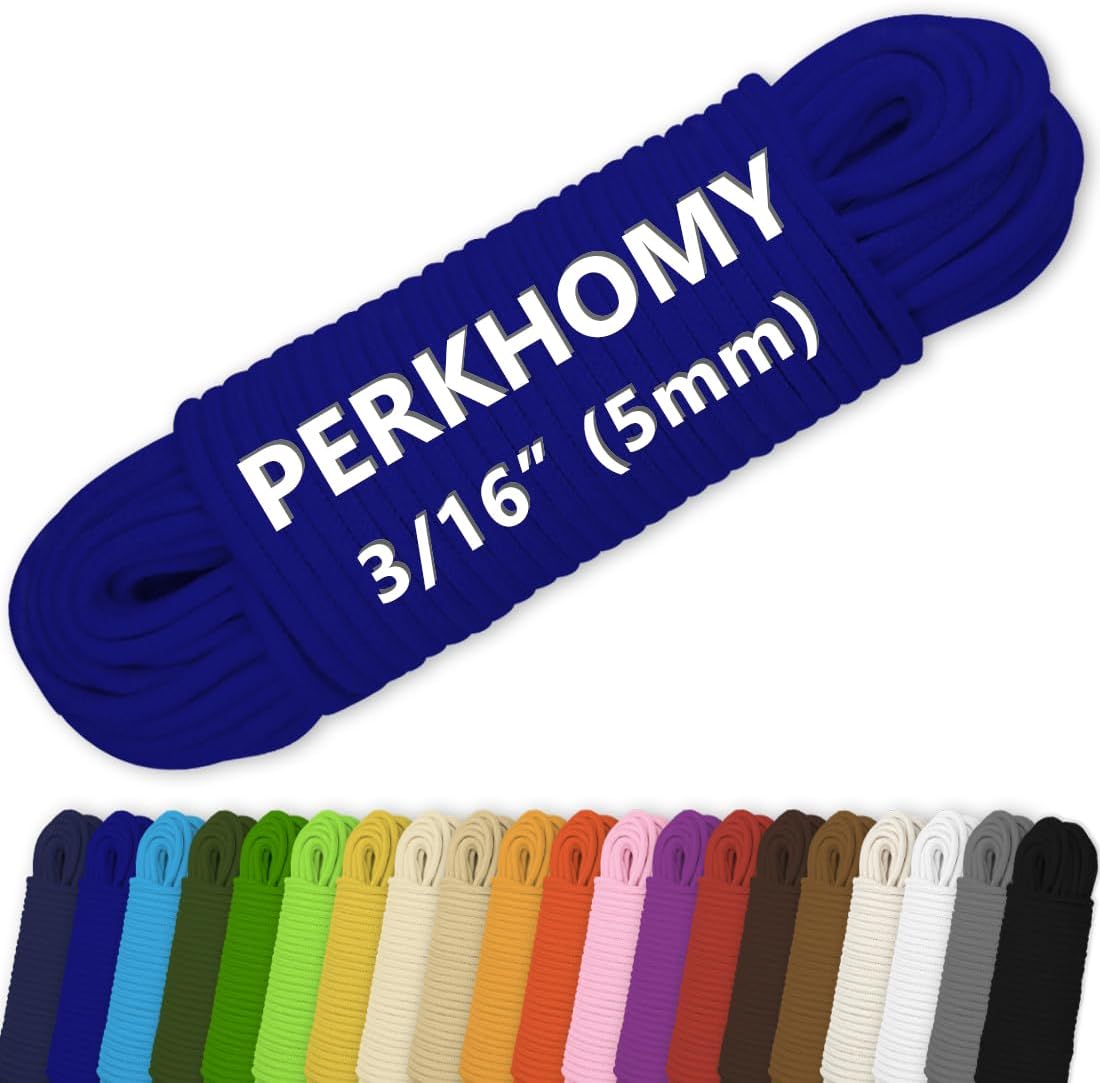 PerkHomy Cotton Rope 3/16" (5mm) 100 ft Multi Purpose Utility Diamond Braided Cord, Natural Cotton for Clothes Line Camping Crafting Flag Pole, Blue