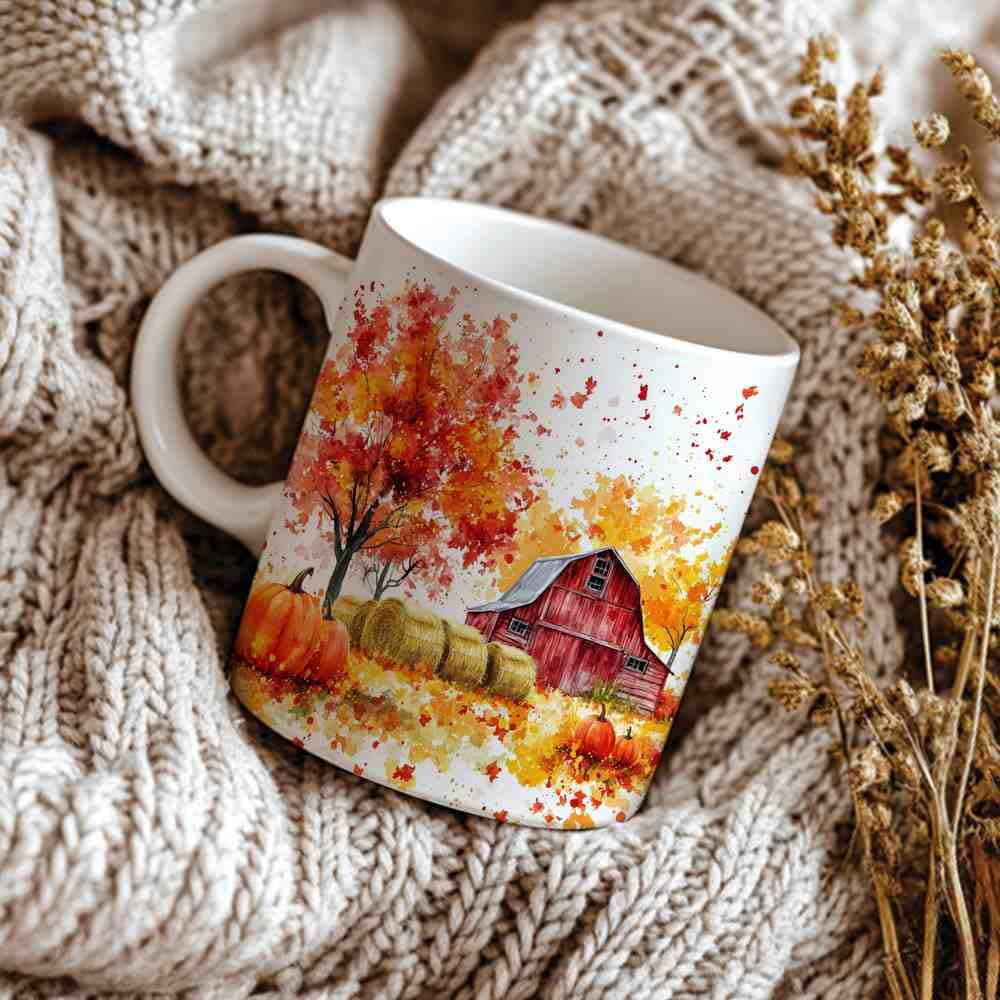 Fall Farm Coffee Mug - Farm Lover Mugs Gifts for Women Men - Autumn Decor Gifts For Home Farmhouse Thanksgiving - 11oz Printed Ceramic Mug (White)