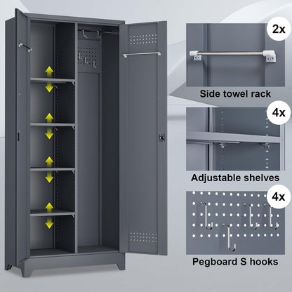 Metal Tool Storage Cabinet, Broom Closet with Hooks, 72.8" Tall Garage Cabinet with Shelves, Heavy-Duty Cleaning Storage for Utility Room, Gym, Office, Garage