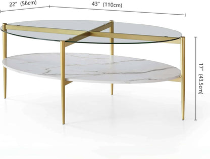 Oval Glass Coffee Table, Mid-Century Modern Design, L43 x W22 x H17 inch, Surfboard Shaped Clear Glass Top and White Marble Finish Wood Shelf, Tapered Legs with Gold Finish Frame
