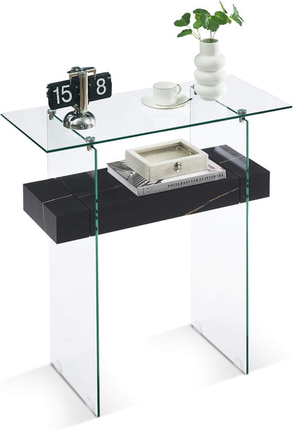ivinta Glass Console Table with Storage, 31.5'' Modern Narrow Sofa Table for Small Space with Natural Wood Shelves for Living Room, Hallway, Foyer, Bedroom 5103 (Black)