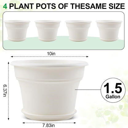 10 Inch Plastic-Flower-Pot-for-Indoor-Plants, 4 Pack Large Outdoor Planter Pot with Drainage Holes & Saucers, Resin Decorative Garden Pots Planters
