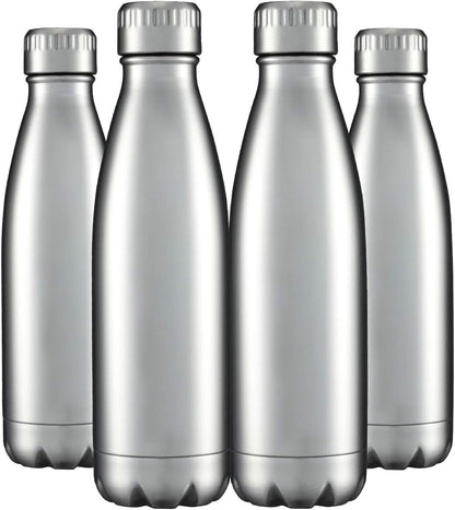 HASLE OUTFITTERS 17oz Stainless Steel Water Bottles Bulk, Vacuum Insulated Water Bottles Double Walled Reusable Metal Sports Water Bottles Keep Drinks Hot and Cold, Stainless, 4Packs