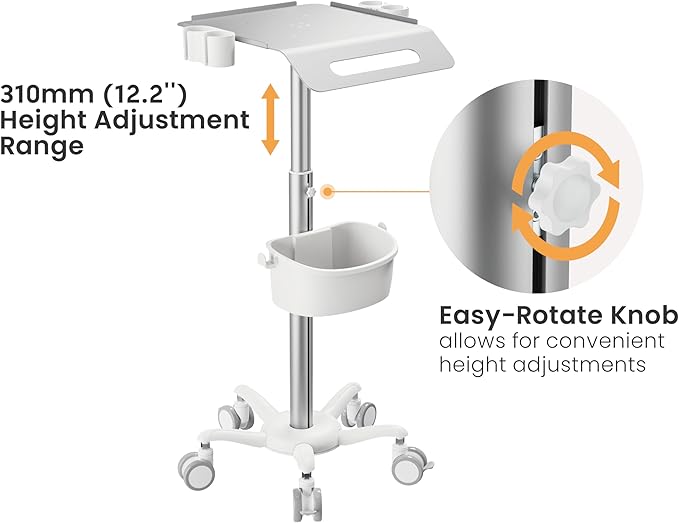 Mount Plus MB-C14 Medical Mobile Trolley with Wheels 33.1"-45.3" Height Adjustable Steel Dental Cart Rolling Ultrasound Lab Cart with 16.3"× 15.1" Large Tabletop | Scanner Holders