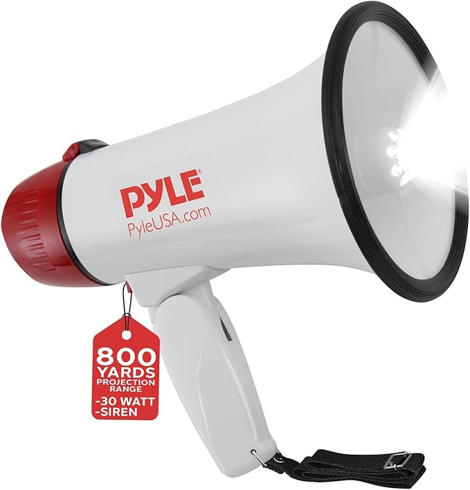 Pyle Megaphone Bull Horn Loud PA Speaker with 30W Power and Adjustable Volume Control, 800 Yard Range, Lightweight Portable Design, Ideal for Outdoor Sports, Cheerleading, and Coaches