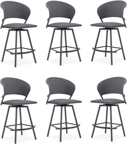VICLLAX Patio Bar Stool Chairs with Footrests and Padded Seat, Bar Height Swivel Patio Chairs Set of 6, Woven Wicker Swivel Bar Stools for Lawn Garden, Grey