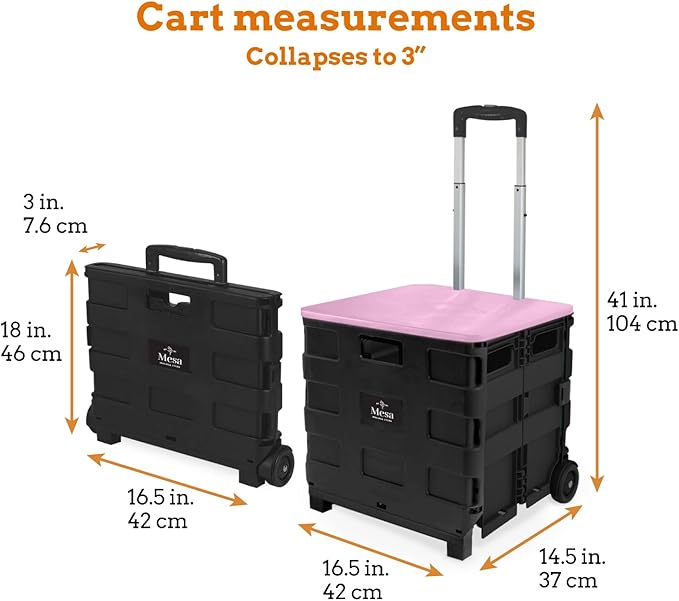 Inspired Living Collapsible Ultra-Slim Pack-N-Roll,2 Wheel Utility Cart w/Lid Used as Seat up to 250 Lbs, Telescopic Handle, Super Strong, for Home,Garden,Shopping,Office,School, Large, Pink & Black