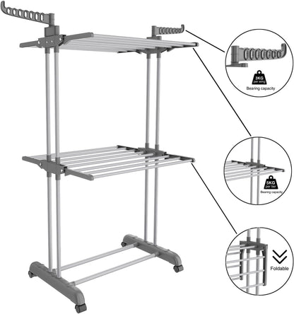 Bigzzia 3 Tier Clothes Drying Rack, 57 Inch Laundry Drying Rack, Foldable Stainless Steel Kids Clothing Rack, Movable Laundry Rack for Indoor Outdoor - Grey