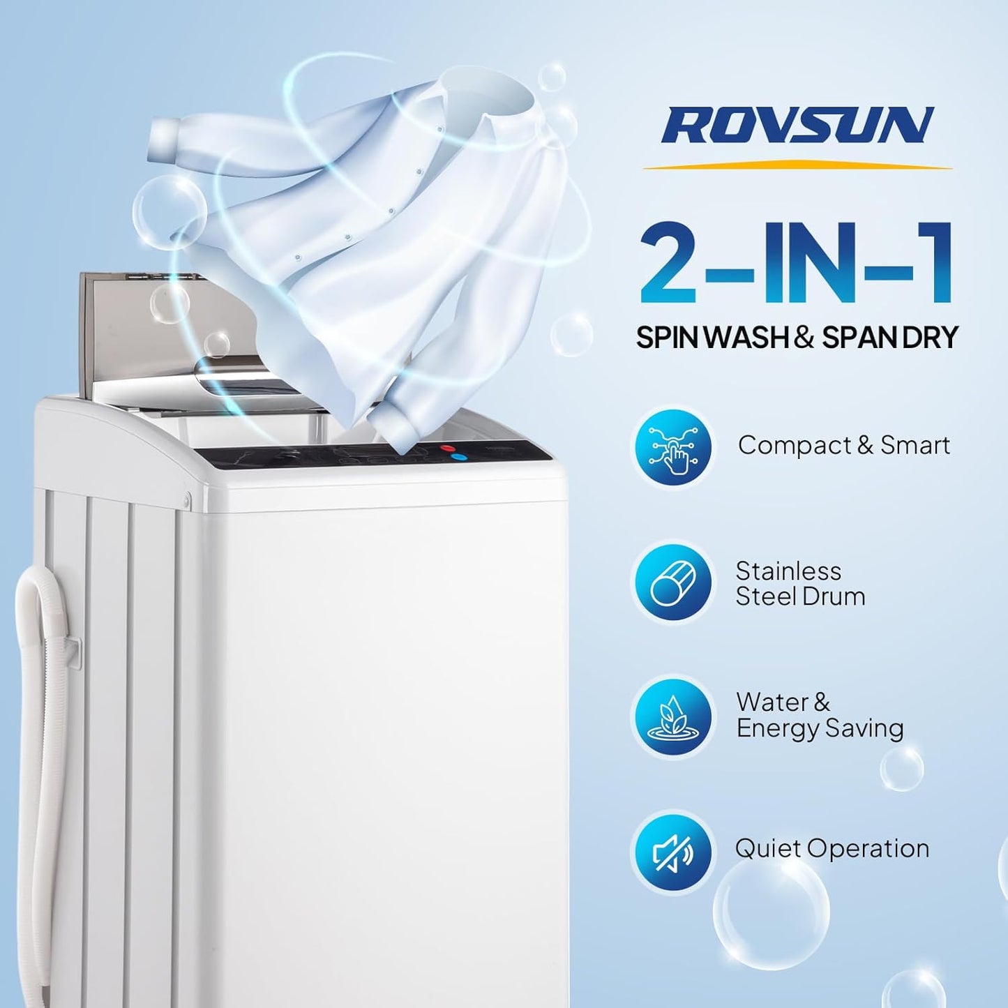ROVSUN 25LBS Portable Washing Machine, Full-Automatic Electric Laundry Machine with Stainless Steel Drum, 110V Compact Washer, Washer and Spin Dryer Combo with Drain Pump for Apartment, Dorm, Home